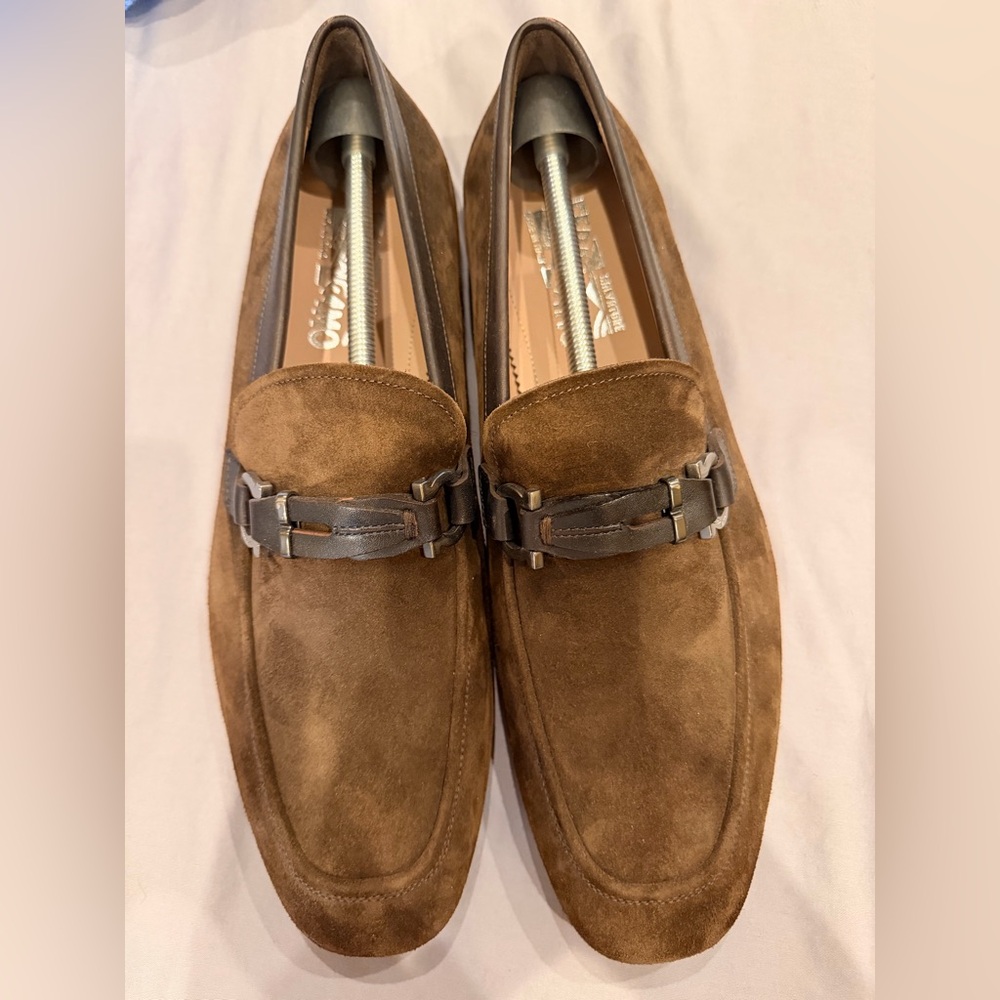 Salvatore Ferragamo Brown Suede Loafers with Gray Accent